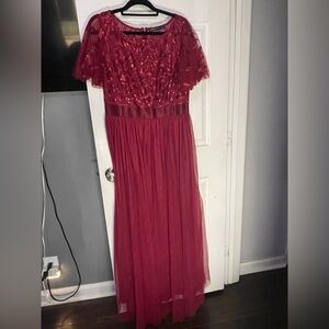 Ever-Pretty Red Sequin Leaf Maxi Dress Scoop Neck Flutter Sleeve Size 16